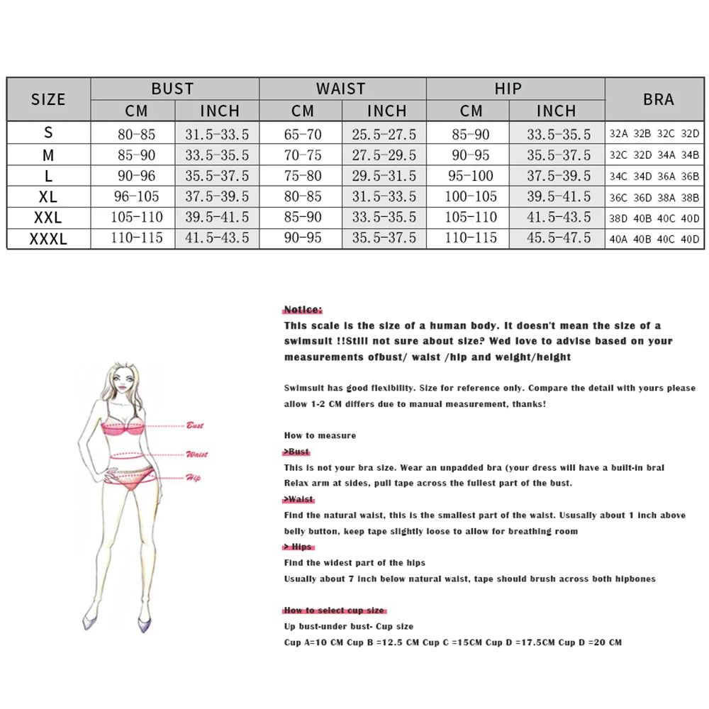 Triangle bikini size guide chart — S M L women swimwear sizing