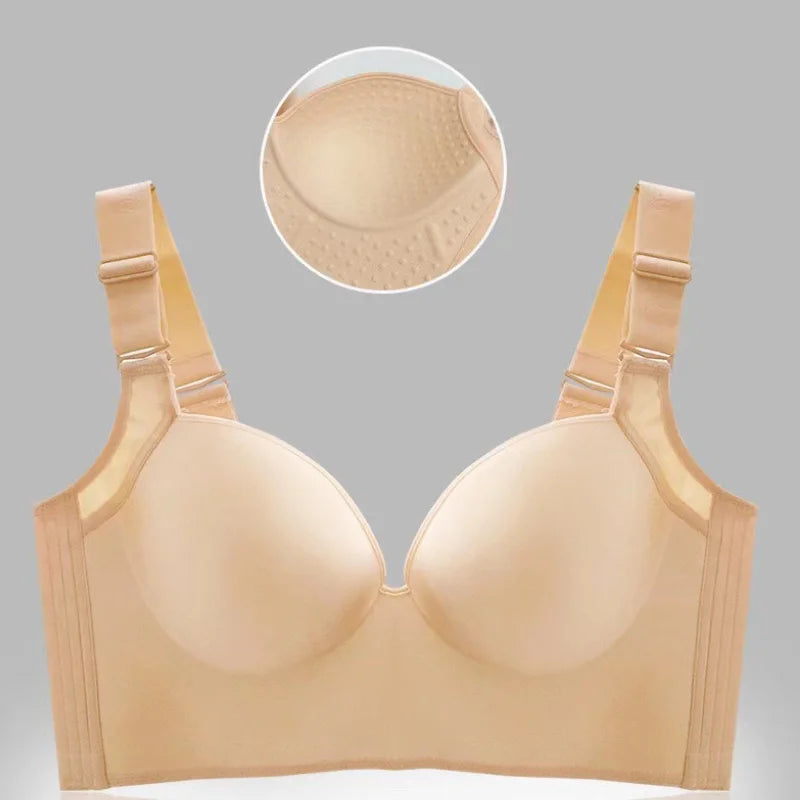Beige wireless push-up bra front view with adjustable straps and thin mould cup close-up detail