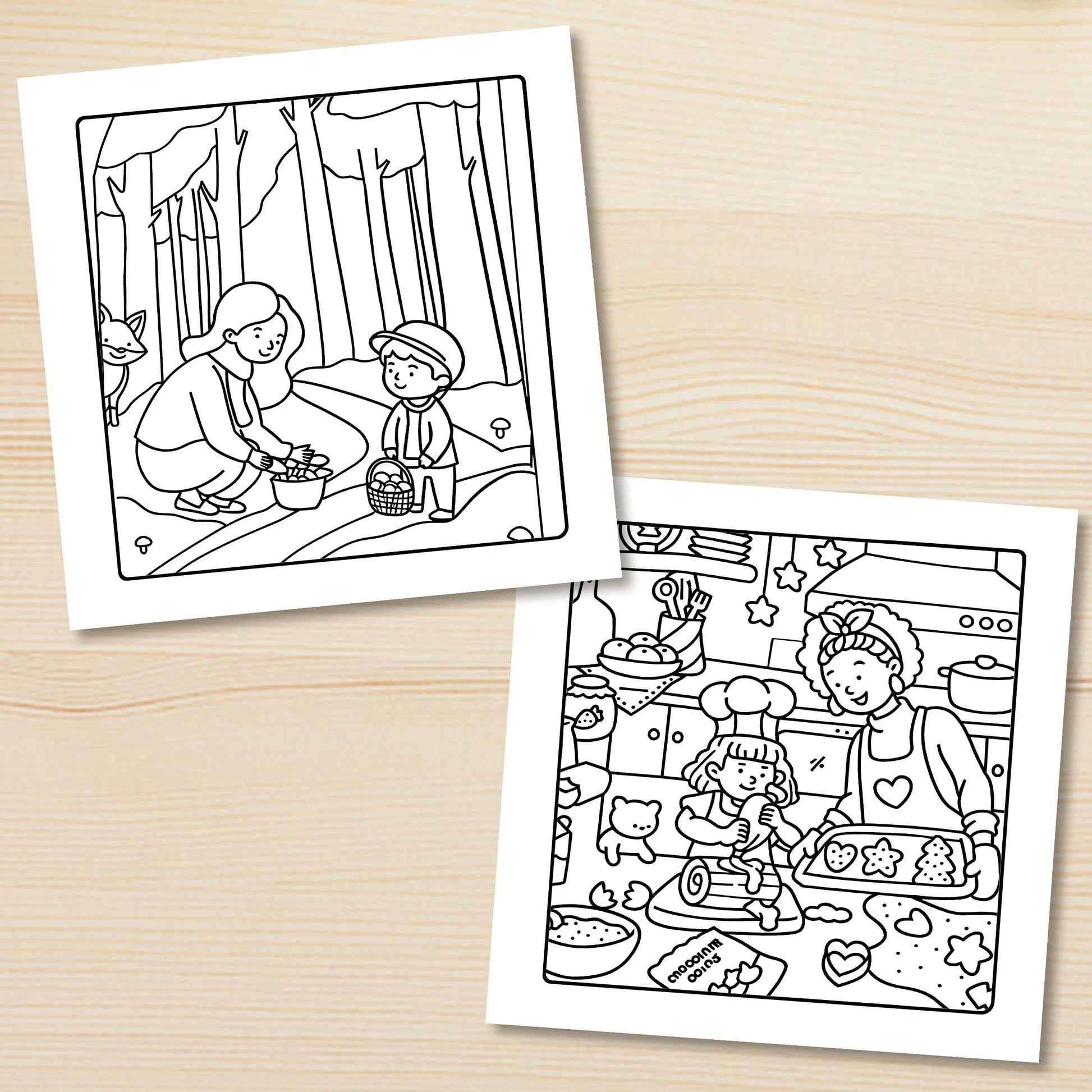 Two coloring pages on a wooden surface. Adult coloring book titled MOM MOMENTS featuring cozy daily scenes for relaxation, cute mindful activities, FTF Fashion UK.