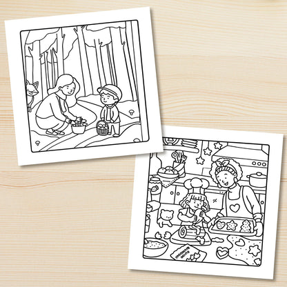 Two coloring pages on a wooden surface. Adult coloring book titled MOM MOMENTS featuring cozy daily scenes for relaxation, cute mindful activities, FTF Fashion UK.