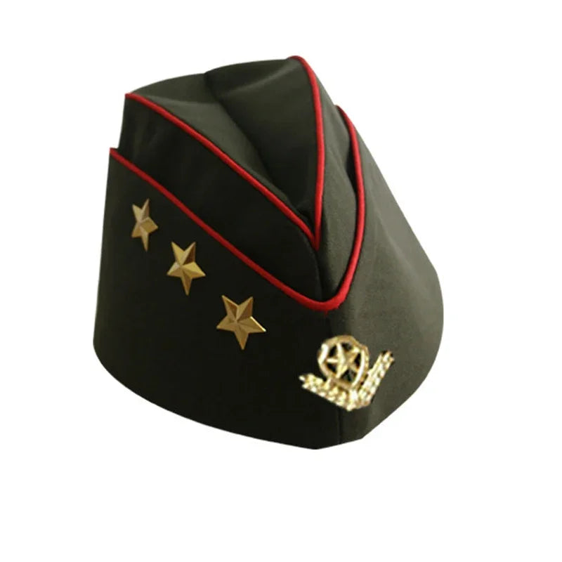 Black military-style hat with gold stars and emblem on a white background