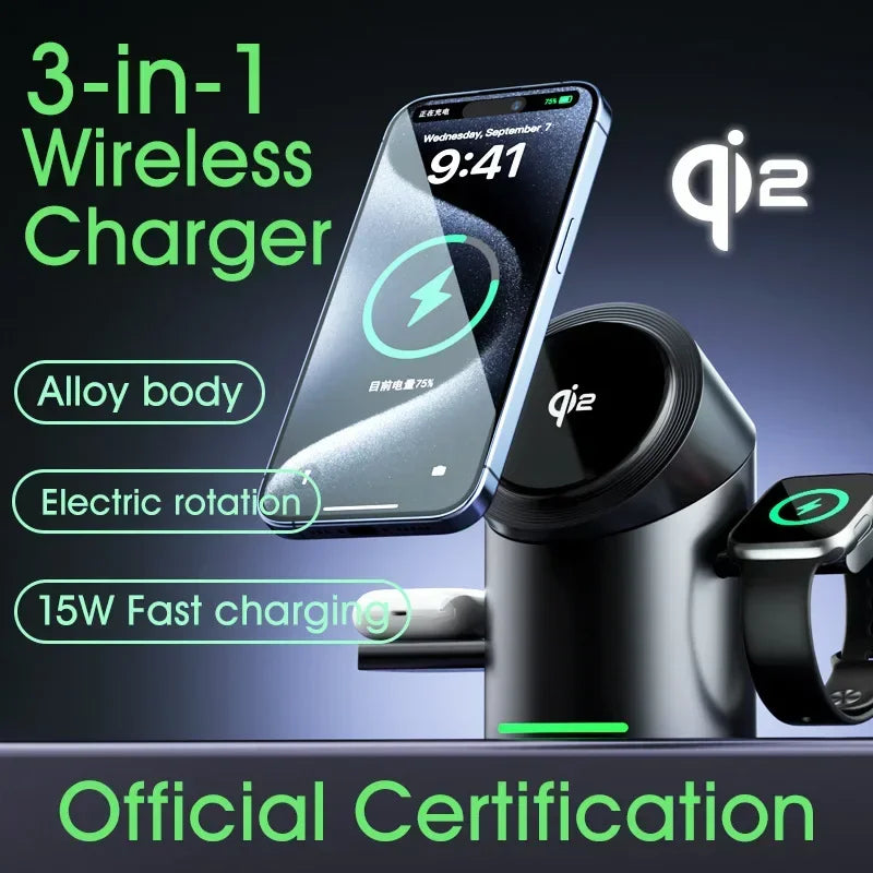 3-in-1 wireless charger with smartphone, smartwatch, and 'Qi2' logo on a dark background. Qi2 3-in-1 Magsafe charger with 15W fast charging for iPhone, AirPods, Apple Watch. Magnetic, USB-C, intelligent FOD detection, UK shipping.