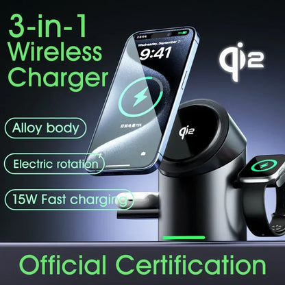 3-in-1 wireless charger with smartphone, smartwatch, and 'Qi2' logo on a dark background. Qi2 3-in-1 Magsafe charger with 15W fast charging for iPhone, AirPods, Apple Watch. Magnetic, USB-C, intelligent FOD detection, UK shipping.