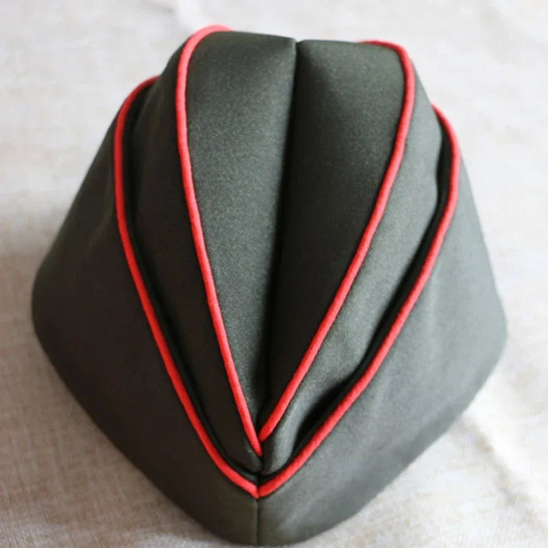 Gray hat with red trim on a light background