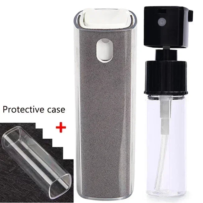 Clear spray bottle with black cap and protective case on a white background. 4in1 microfiber screen cleaner spray with cloth for phones, tablets, computers, glasses. Portable, streak-free, safe for all screens, UK FTF Market.