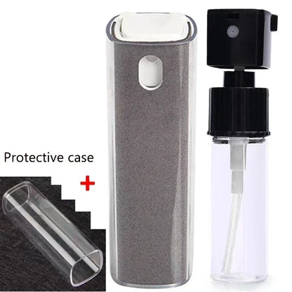 Clear spray bottle with black cap and protective case on a white background. 4in1 microfiber screen cleaner spray with cloth for phones, tablets, computers, glasses. Portable, streak-free, safe for all screens, UK FTF Market.