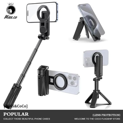 Phone holder with stand and ring light on a white background, featuring the brand 'Miss.co'. Compact magnetic phone tripod with wireless remote grip for MagSafe iPhone and Android. Lightweight, extendable selfie stick tripod for perfect shots.