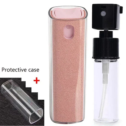 Rose gold protective case and clear spray bottle with black nozzle on a white background. 4in1 microfiber screen cleaner spray with cloth for phones, tablets, computers, glasses. Portable, streak-free, safe for all screens, UK FTF Market.