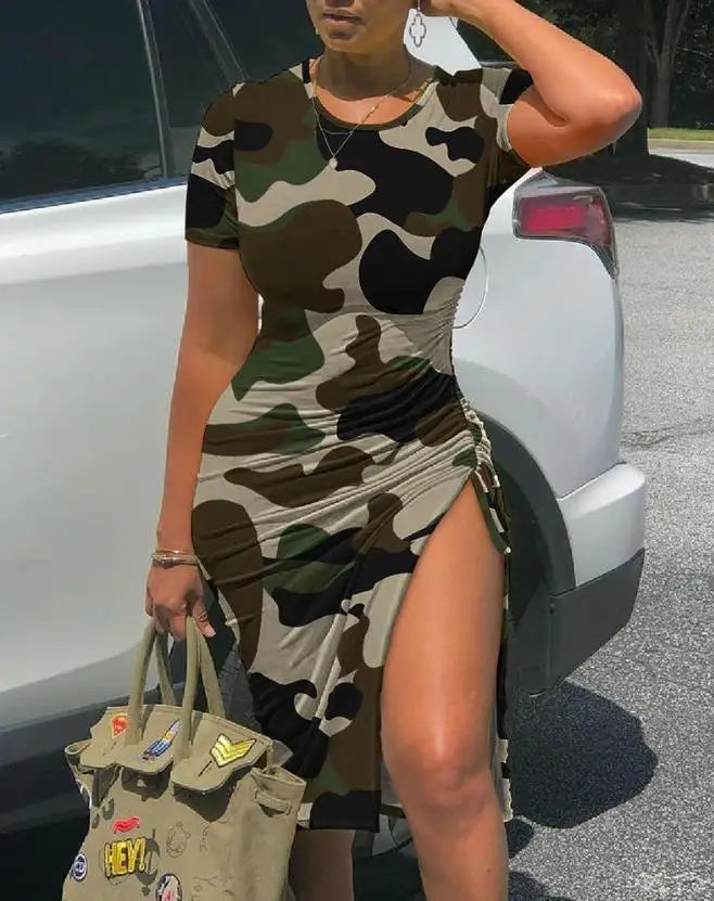 Women's Camouflage Print High Slit Ruched Midi Dress