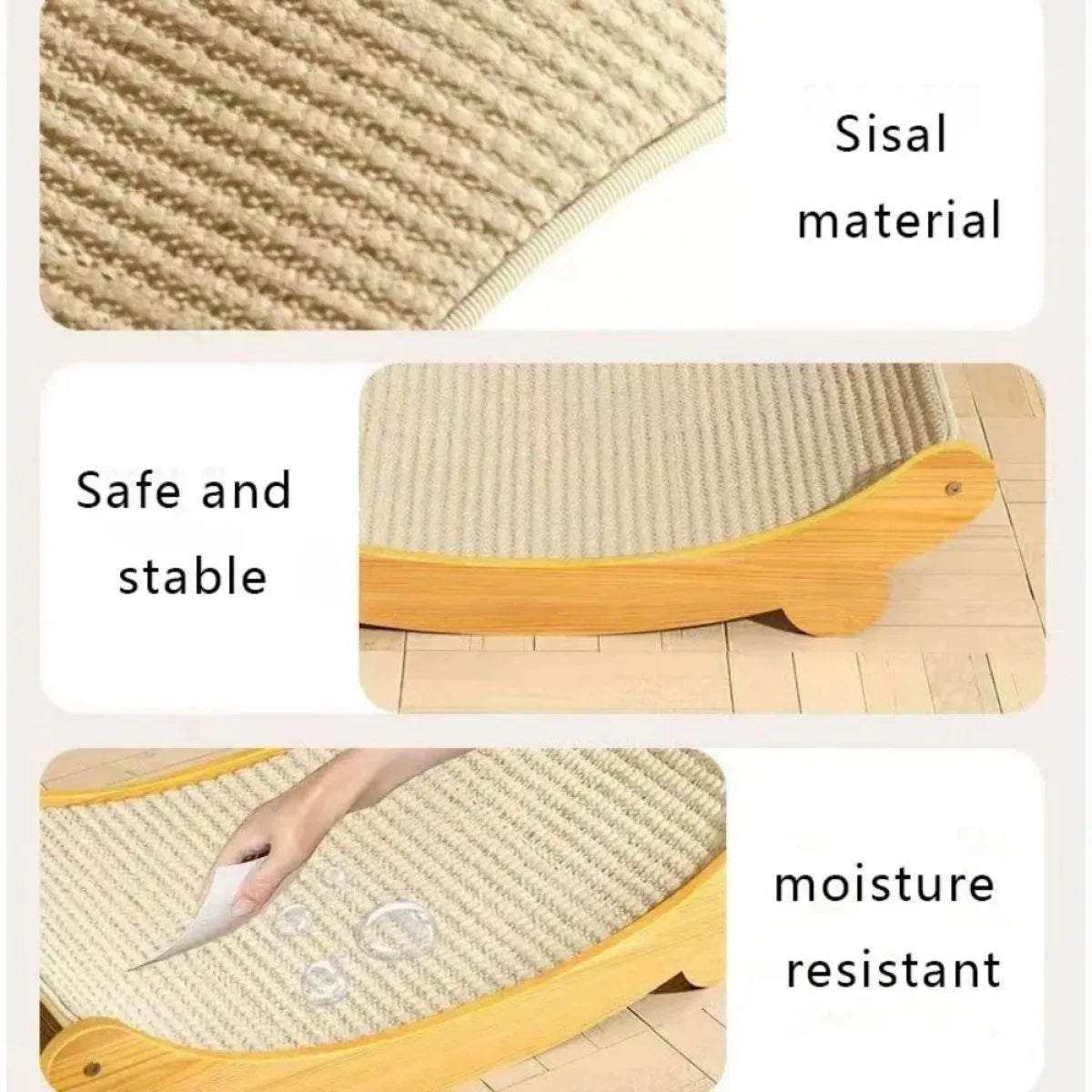 Sisal material cat scratcher with text highlighting safety, stability, and moisture resistance. Wooden cat scratching pad & bed, single layer, sisal surface, pet furniture, kitten recliner, multi-purpose cat toy for lounging and claw care.