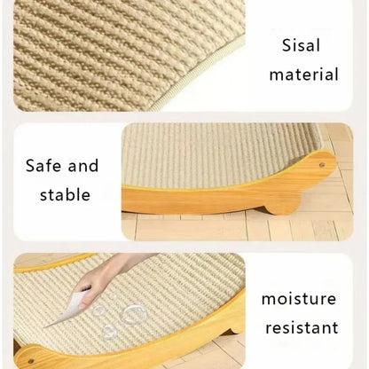Sisal material cat scratcher with text highlighting safety, stability, and moisture resistance. Wooden cat scratching pad & bed, single layer, sisal surface, pet furniture, kitten recliner, multi-purpose cat toy for lounging and claw care.