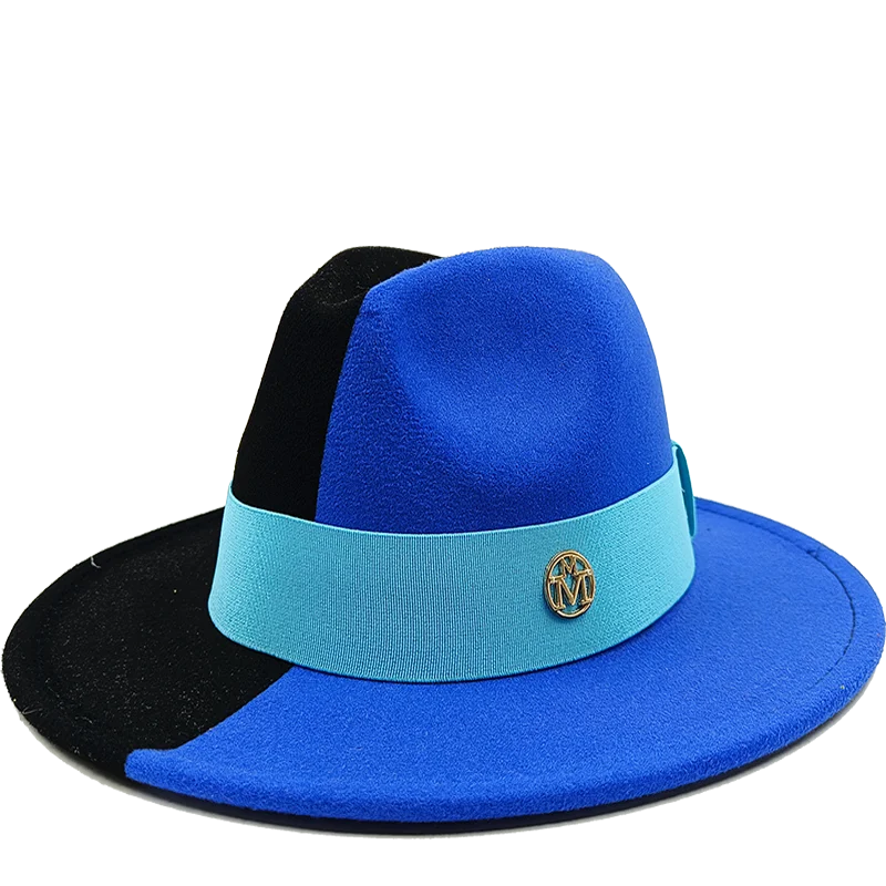 Blue and black fedora hat with a turquoise band featuring a logo on a white background. Unisex double fedora hat, dual color gradient tie-dye, casual jazz style, cotton-polyester mix, suitable for outdoor autumn and spring.