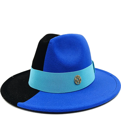Blue and black fedora hat with a turquoise band featuring a logo on a white background. Unisex double fedora hat, dual color gradient tie-dye, casual jazz style, cotton-polyester mix, suitable for outdoor autumn and spring.