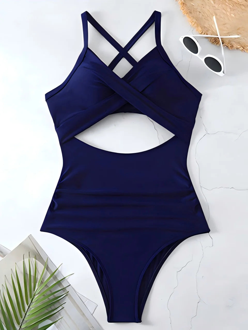 Navy blue cross-back one-piece swimsuit — ruched women swimwear S M L XL XXL