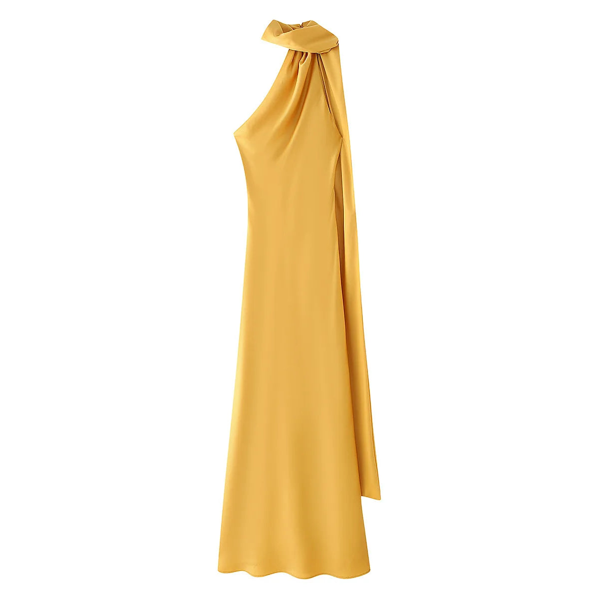 Yellow one-shoulder dress on a white background