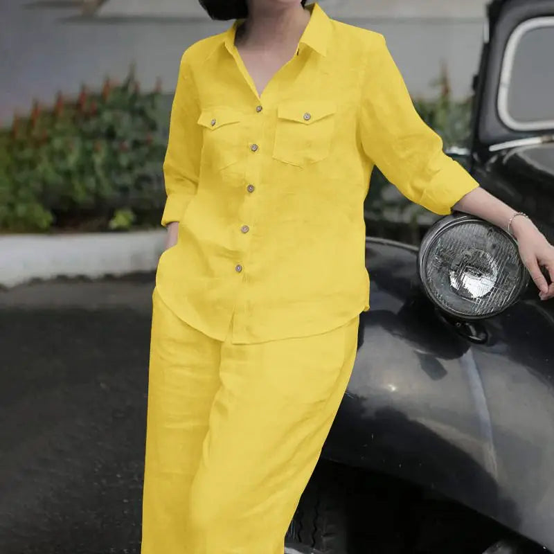 Model in yellow long-sleeve lapel shirt and trousers co-ord set, showing color options FTF Market