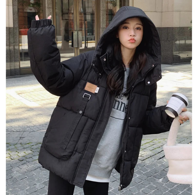 Women khaki down jacket, white, thickening warm feather, female duck down, comfortable, short, solid, winter hooded outwear.