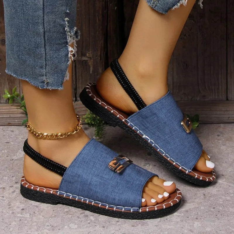 Blue denim flat sandals women UK — gold buckle, elastic slingback strap, casual summer shoes
