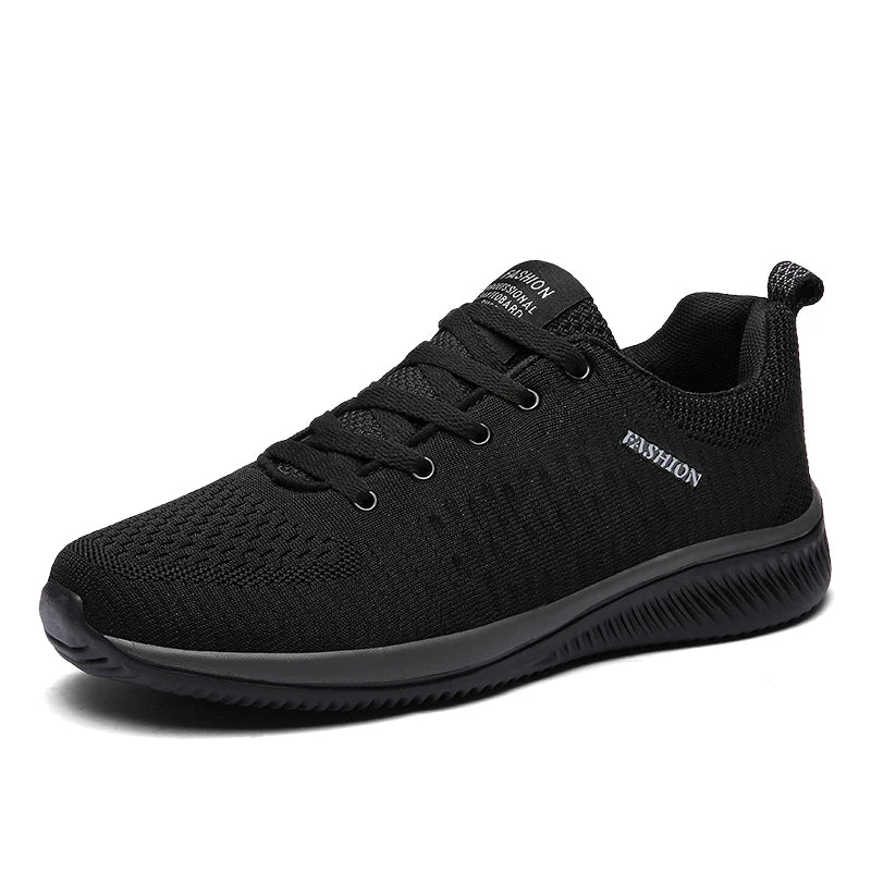 Black sneaker on a white background. Men’s breathable running sneakers with mesh lining, PU insole, EVA outsole, lightweight casual sports shoes, perfect for jogging and walking.