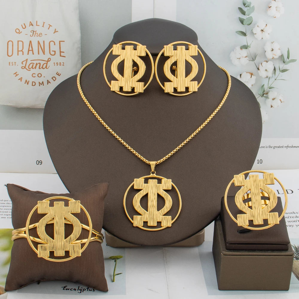 Full African gold jewelry set displayed on bust – necklace, earrings, bracelet and ring