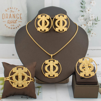 Full African gold jewelry set displayed on bust – necklace, earrings, bracelet and ring