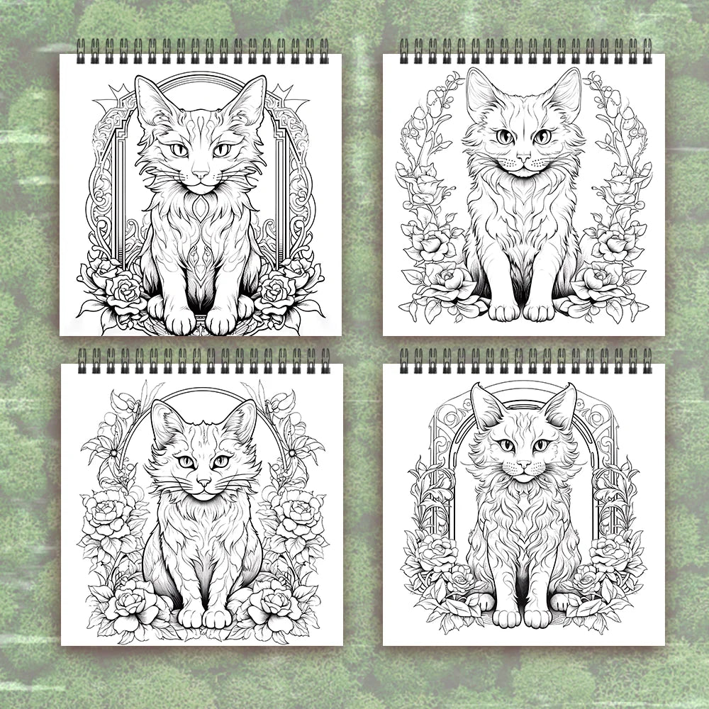 Four spiral-bound coloring books with cat illustrations on a green textured background. Adult women's spiral coloring book with 30 sheets, 8.3x8.3 inches, ideal gift for birthday or holiday party, creative drawing, UK FTF Market.