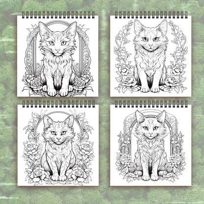 Four spiral-bound coloring books with cat illustrations on a green textured background. Adult women's spiral coloring book with 30 sheets, 8.3x8.3 inches, ideal gift for birthday or holiday party, creative drawing, UK FTF Market.