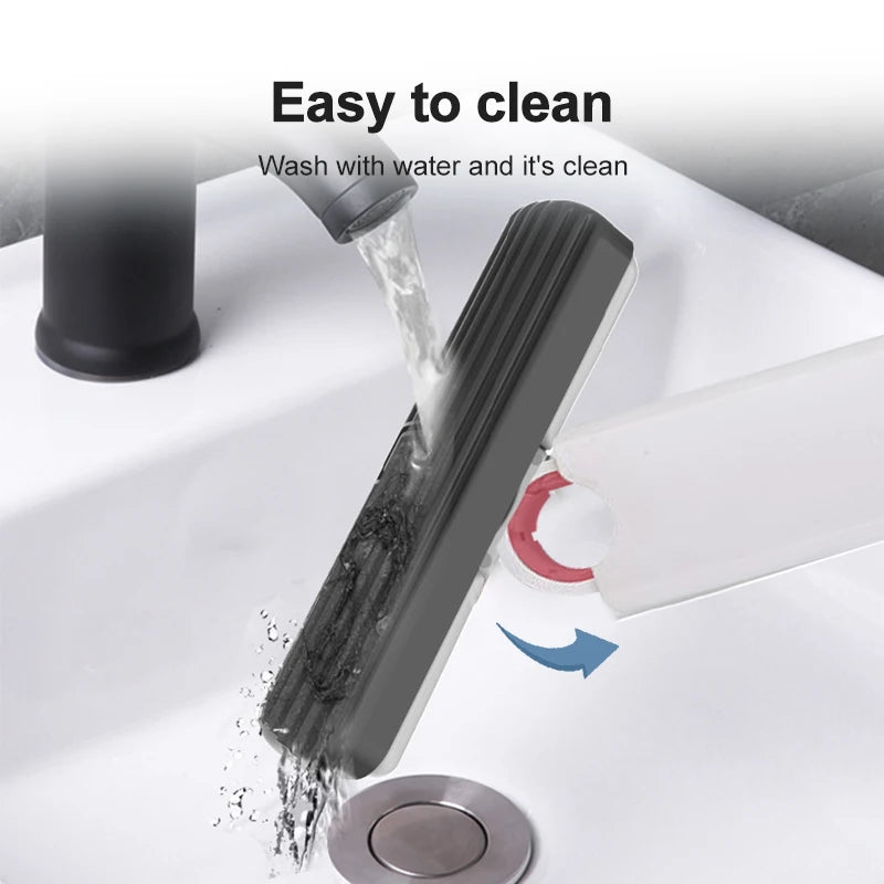 Cleaning brush being rinsed under running water with text 'Easy to clean' and 'Wash with water and it's clean'. Powerful squeeze mini mop with microfiber sponge head