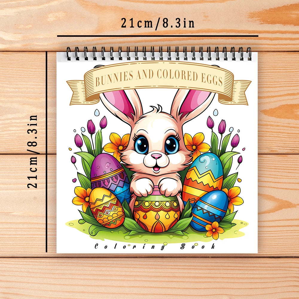 Coloring book with a bunny and Easter eggs design on a wooden surface. Adult women's spiral coloring book with 30 sheets, 8.3x8.3 inches, ideal gift for birthday or holiday party, creative drawing, UK FTF Market.