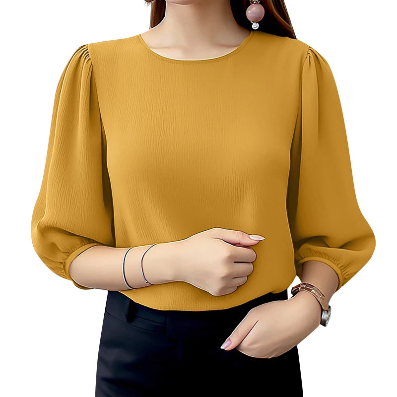 Yellow balloon sleeve crinkle texture blouse women FTF Market UK