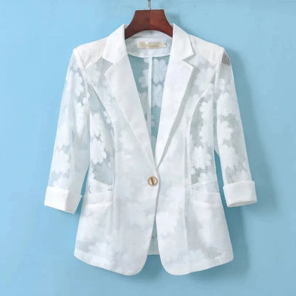 Floral embroidery blazer women white three-quarter sleeve single button cardigan