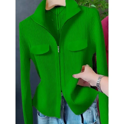 Zipper Short Knitted Cardigan – Versatile coat top, turn-down collar, solid color. Perfect for spring and autumn. Available on FTFmarket.net, fast delivery in the UK. Stay stylish with FTF Fashion and Mode FTF.