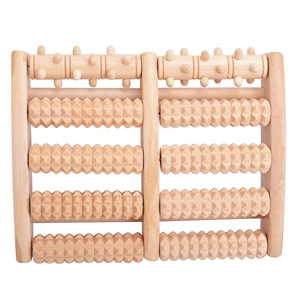 Wooden massage roller with multiple rows of cylindrical rollers on a white background