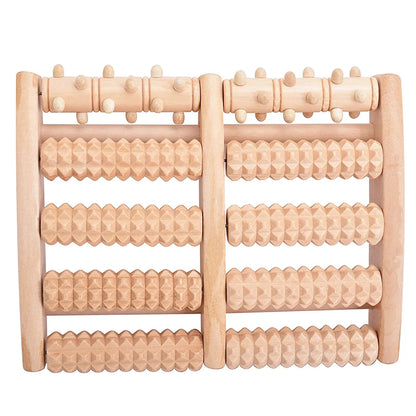 Wooden massage roller with multiple rows of cylindrical rollers on a white background