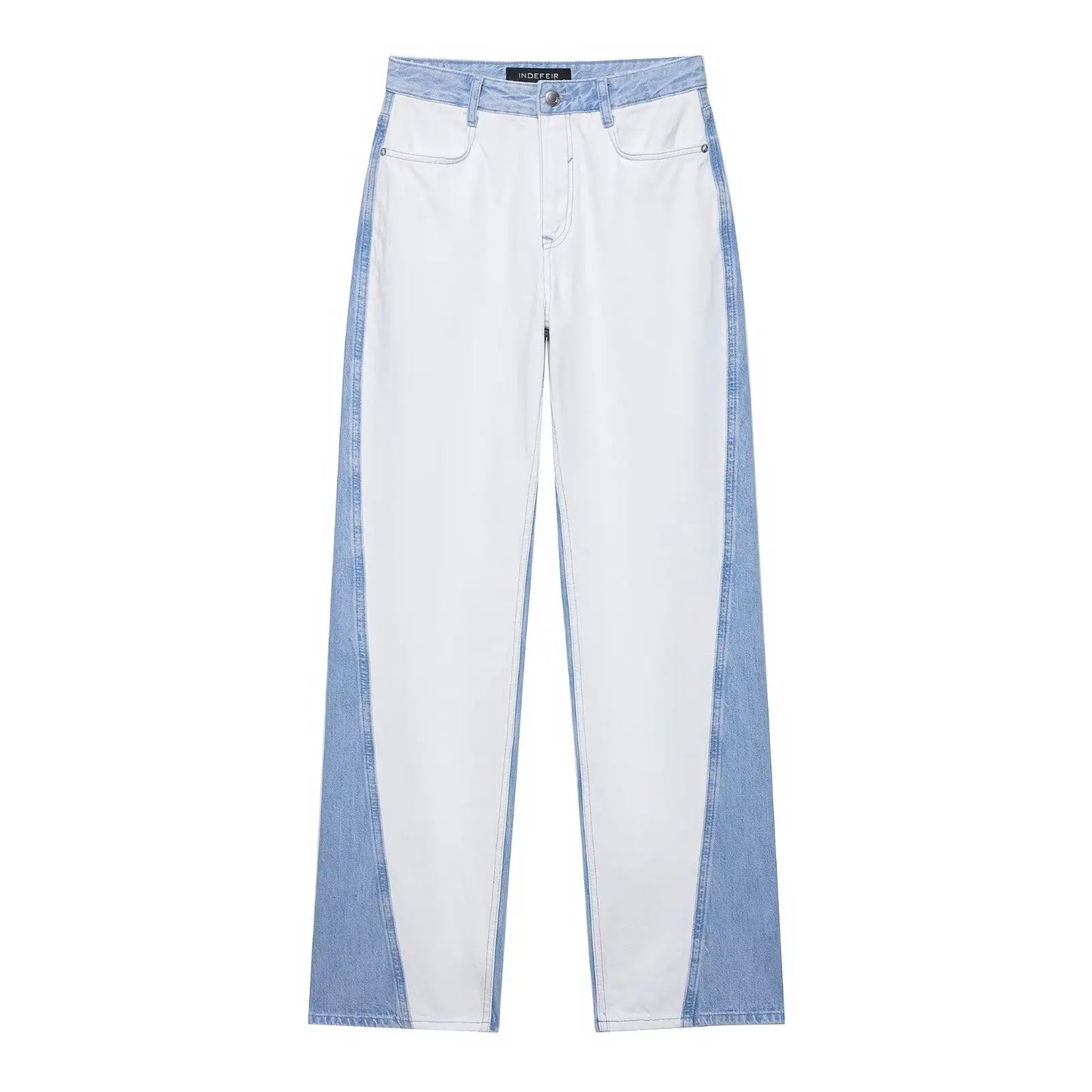 White pants with blue accents on a white background. Women’s 2-piece denim jacket and straight jeans set. Patchwork design, mid waist, turn-down collar, button closure, loose casual fit, streetwear.