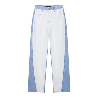 White pants with blue accents on a white background. Women’s 2-piece denim jacket and straight jeans set. Patchwork design, mid waist, turn-down collar, button closure, loose casual fit, streetwear.