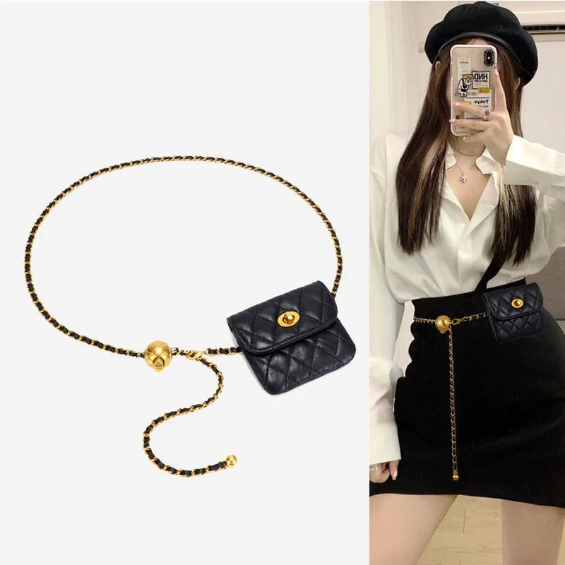 Women's Luxury Metal Belt Chain Mini Bag with Waist Strap