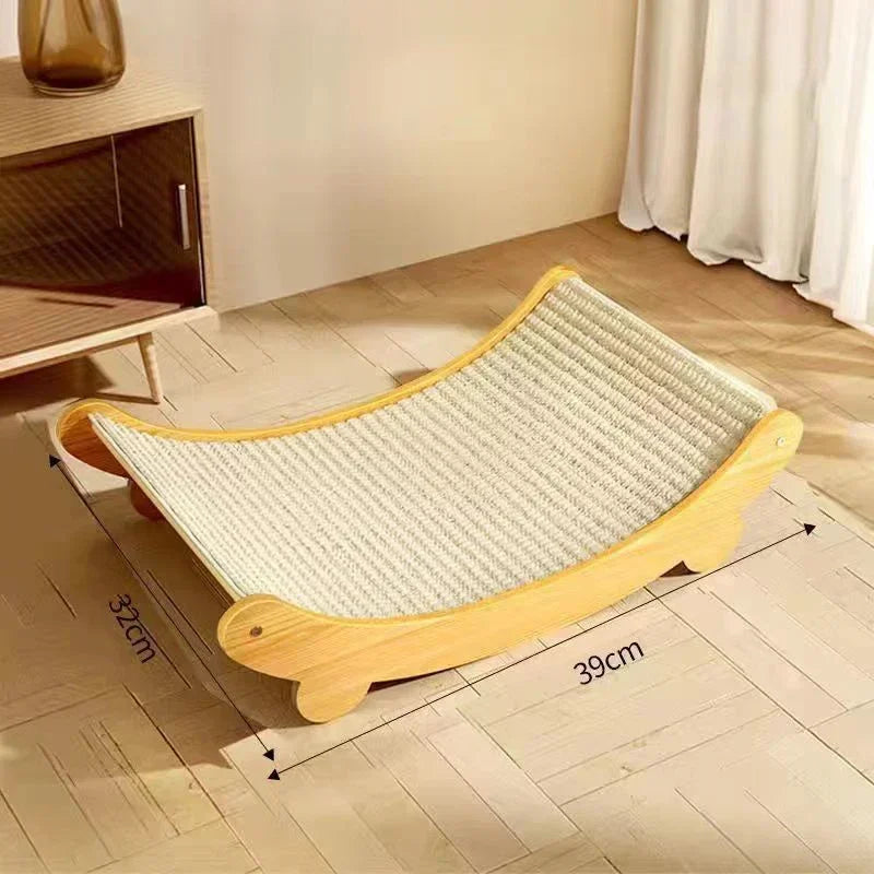 Wooden cat scratching pad & bed, single layer, sisal surface, pet furniture, kitten recliner, multi-purpose cat toy for lounging and claw care.