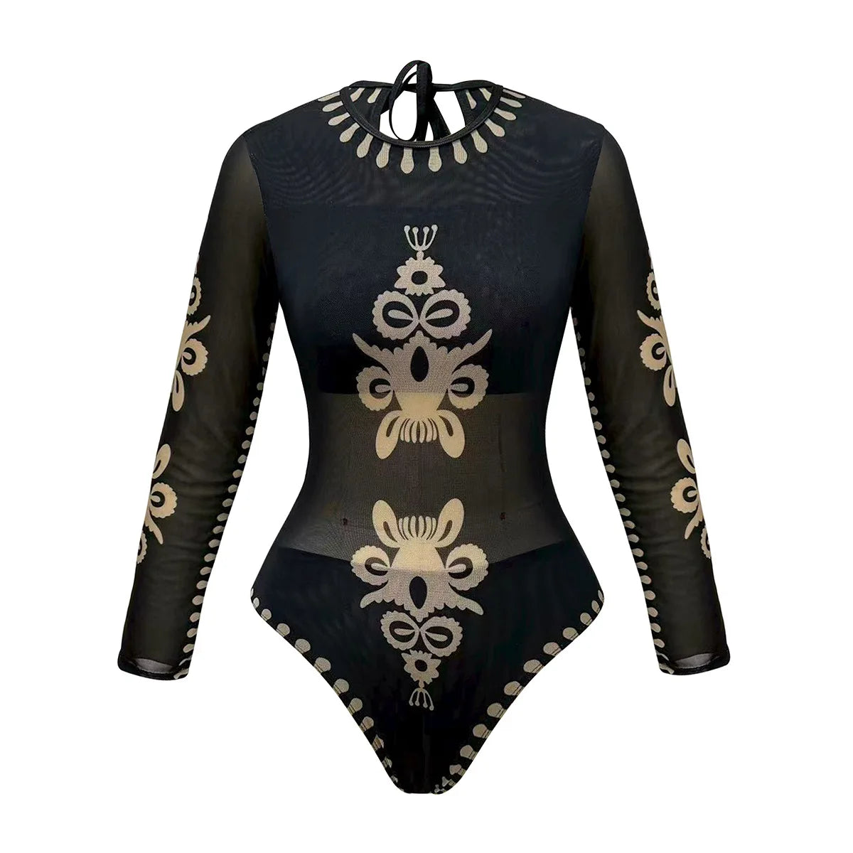 Black mesh swimdress back view — long sleeve high waist swimwear women S M L XL XXL