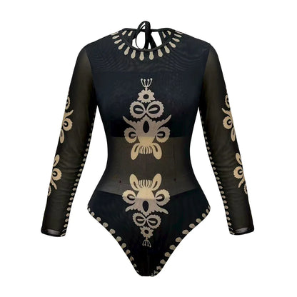 Black mesh swimdress back view — long sleeve high waist swimwear women S M L XL XXL