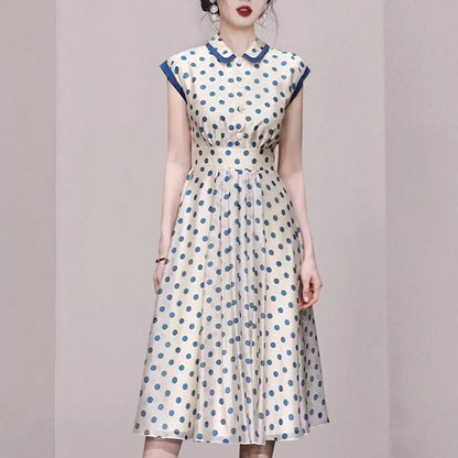 Discover timeless elegance with our Hepburn Vintage Polka Dot Print Bowknot Summer Dress. This mid-calf A-line dress features a charming polka dot pattern, a flattering slim waist, a turn-down collar, sleeveless design, and a decorative bow. Perfect for women aged 25-35 for spring and summer parties. Shop now for classic fashion with a modern twist!