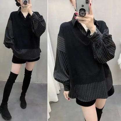 Women's Korean Loose Fashion Shirt Top – Casual two-piece top for spring and autumn. Trendy Korean style, loose and comfortable fit. Available on FTFmarket.net, fast delivery in the UK.