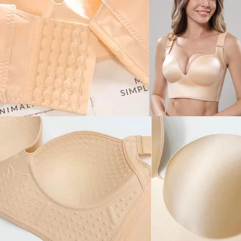 Beige wireless push-up bra detail collage showing multi-hook back closure, thin mould cup, and woman wearing bra