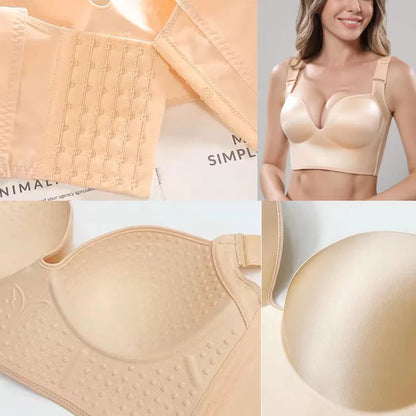 Beige wireless push-up bra detail collage showing multi-hook back closure, thin mould cup, and woman wearing bra