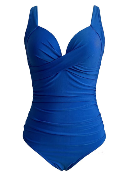 Royal blue V-neck ruched one-piece swimsuit — adjustable strap women swimwear