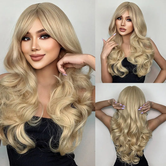 Long Blonde Wavy Synthetic Wig with Bangs for Women