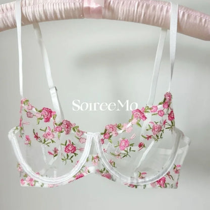 Floral bralette with pink flowers on a white background, featuring the brand 'SourceMo'.