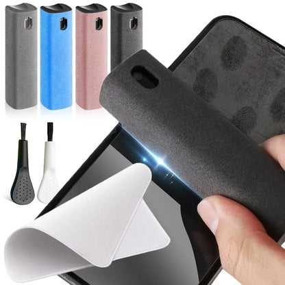 Phone cleaning kit with sponges and brush on a white background. 4in1 microfiber screen cleaner spray with cloth for phones, tablets, computers, glasses. Portable, streak-free, safe for all screens, UK FTF Market.