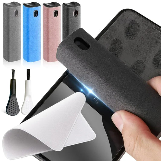 Phone cleaning kit with sponges and brush on a white background. 4in1 microfiber screen cleaner spray with cloth for phones, tablets, computers, glasses. Portable, streak-free, safe for all screens, UK FTF Market.