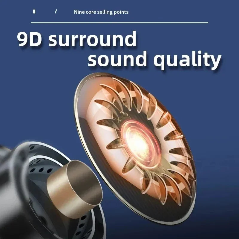9D surround sound quality feature with a detailed speaker design on a blue background. J18 wireless Bluetooth earphones, in-ear sport headset, waterproof, HiFi stereo sound, built-in microphone, UK FTF Market.